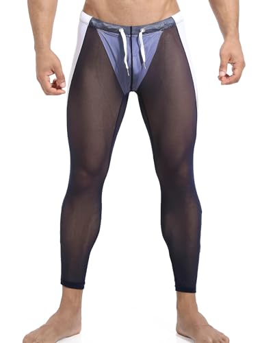 AIEOE Herren Netzunterhosen Männer Legging Transparent Dehnbare Hose Lang für Workout Fitnessstudio Dunkelblau Größe L