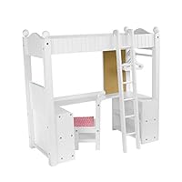 Olivia's Little World Little Princess 18\" Doll Wooden Loft-Style Bunk Bed Set with Cushioned Chair, Desk, Hangers, Ladder, and Pink and Purple Bedding, White