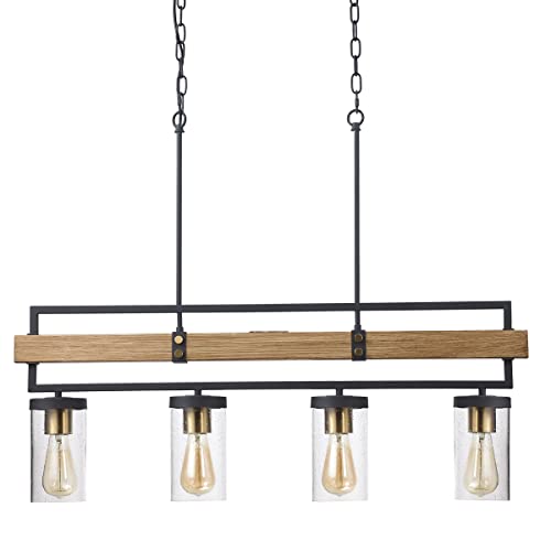Haolaike 4-Light Kitchen Island Pendant Lighting Rustic Farmhouse Dining Room Light Fixture Hanging Black Wood Grain, 36" Chandelier with Seeded Glass