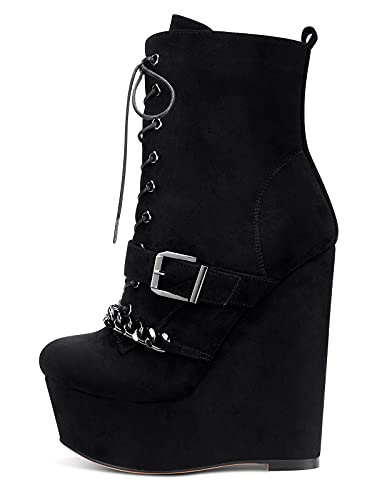 NobleOnly Womens High Heel Platform Wedge Ankle Boots Round-Toe Lace Up Rivet Boot with Zipper 6" Heel Shoes2