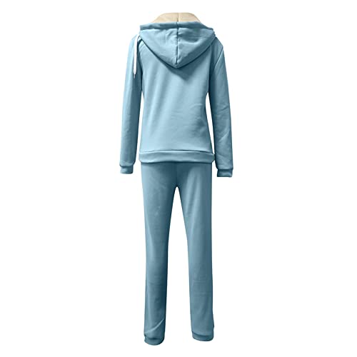 Conjunto de moletom feminino moderno sólido fleece couro patch conjunto de duas peças,, Azul, Large