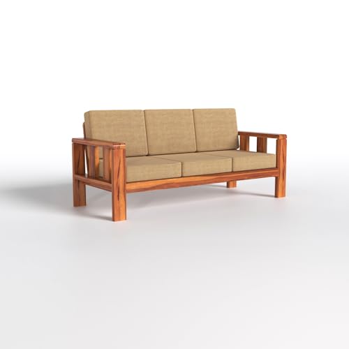 Image of Solid Wooden 5 Seater Sofa Set with Beige Cushion | Sheesham Wood Sofa Set 3+1+1 Sofa for Living Room in Natural Teak Finish