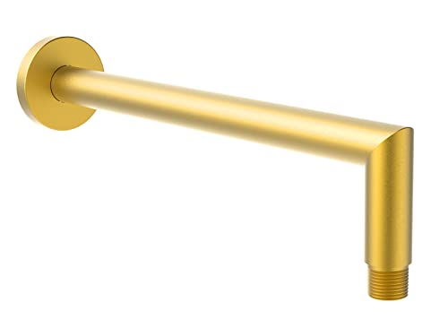 Aquaiaw Shower Arm And O-Ring Flange, 12 Inch, Solid Brass, Soldered 90 Degree, Both Soldered 1/2 Npt Tapered Threads, Round, Brushed Gold, Wall Shower Arm Extension, Rain Shower Head Extension Arm #TOP23