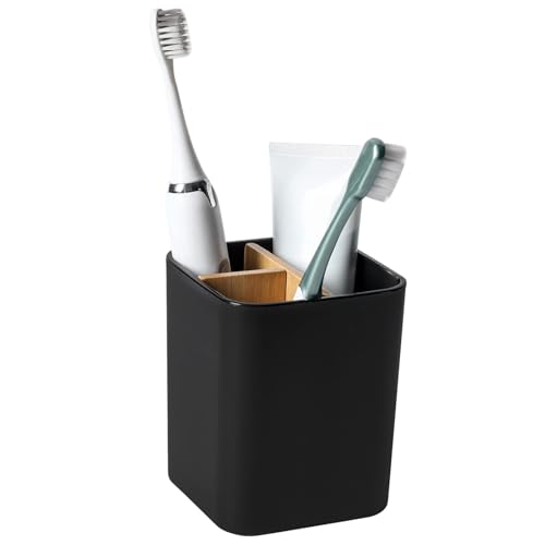 MOGADEE® Zahnbürstenhalter, Toothbrush Holder, zahnputzbecher Kunststoff, 2 Zahnbürstenfächer + 1 Ablagebecken, für elektrische Zahnbürsten, Zahnseide, Zahnpasta - Schwarz