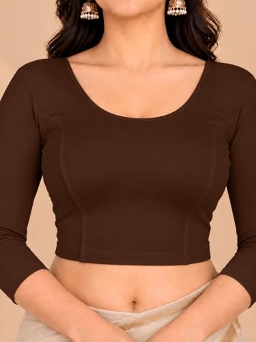 Image of Abhi Cotton Readymade Saree Blouse for Women- 3 /4 Sleeve, Round Neck, Regular-fit, Stretchable, Pull-on Style