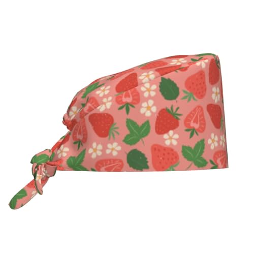 Strawberry Flower Pink Adjustable Working Cap Breathable Unisex Women Men Elastic Bandage Tie Back Hats Scrub Nursing Doctor Surgeon Cap