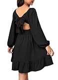 blibean Girl Long Sleeve Tie Back Dress Teens Fall Boho Semi Formal Dresses Tweens Holiday Off Shoulder Outfits Little Kids Fancy Party Valentines Clothes Size 10-11 Years Old Black