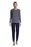 Lands' End Womens LS Brushed Back Jersey Sleep Slim Leg Set Deep Sea Navy Stripe Petite Small