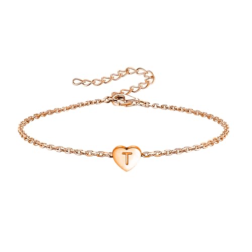 KunBead Mini Size Rose Gold Initial A-Z Letter Bracelet Love Heart Charm Stainless Steel Birthday Adjustable Alphabet Bracelet for Women