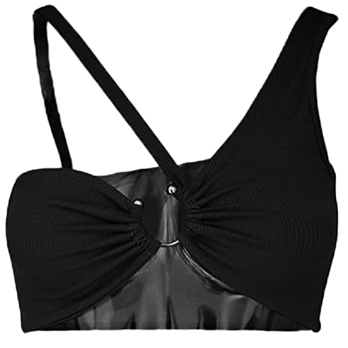 Camisola feminina sexy vazada assimétrica com argola em O e top tubinho cor sólida malha com nervura