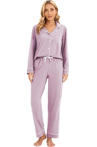 Image of LUBOT 100% Cotton Pajamas for Women PJ Set Soft Long Sleeve Button-Down Shirt 2 PC Set Warm Sleepwear Loungewear Night Suit (Lavender, M)
