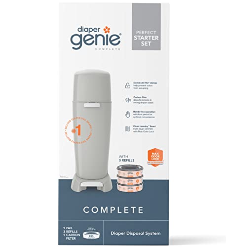 Image of Diaper Genie Complete Diaper Pail (Grey) with Odor Control | Includes 1 Diaper Trash Can, 3 Refill Bags, 1 Carbon Filter, 4 Piece Set