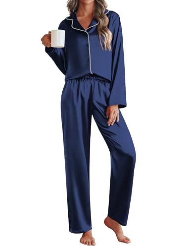 Image of Ekouaer Pajamas For Women Silk Pjs Long Sleeve Button Down Lounge Sets | Christmas Pajamas 2 Piece Satin Sleepwear Cute Print,Fun Pjs for Sleep,Wedding,Bridal Party,Holiday