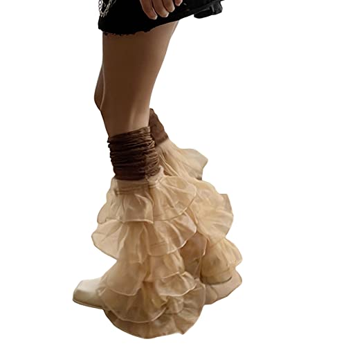 Image of Women Leg Warmers Ruffled Lace Patchwork Long Thigh High Socks Boot Cuffs Cover for Streetwear