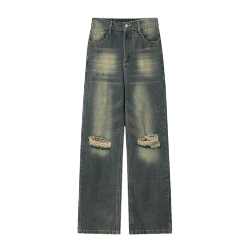Men’S Wide Leg Distressed Denim Jeans with Zipper Fly Mid Waist Loose Fit High Street Patchwork Pants