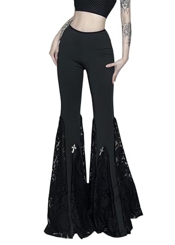 TSMNZMU Womens Gothic Pants Punk Midi Waist Grunge Trousers Flare Leg Y2K Emo Pants Lace Patchwork Pants with Chain2