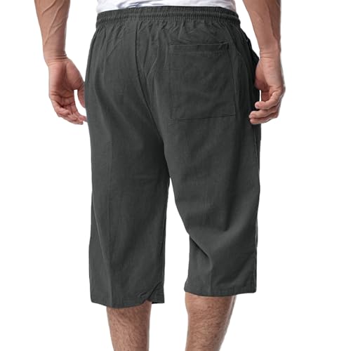 Linen Shorts for Men Loose Drawstring Long Short Summer 3/4 Below Knee Capri Wide Leg Baggy Pants3