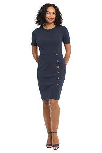 London Times Women's Short Sleeve Knee Length Crew Neck Button Side Career Polished Sheath Dress