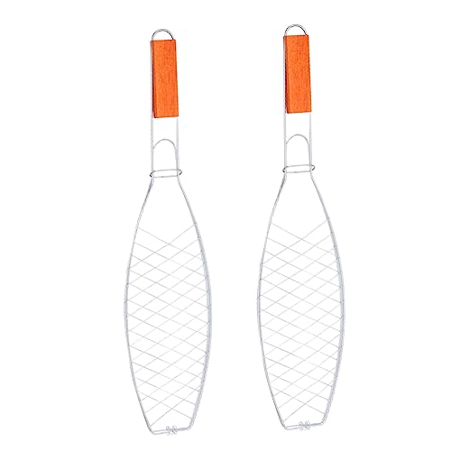 KESYOO 2Pcs Metal Non Stick Grilling Fish Clip with Wooden Handle Bbq Grill Rack for Outdoor Camping Picnics and Barbecues Fish Basket Tool for Easy Cooking