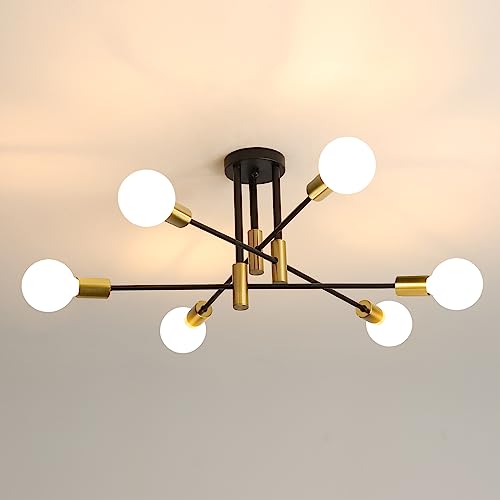 DELIPOP Sputnik Light Fixture, 6-Light Black Gold Dining Room Light Fixture, Mid-Century Modern...