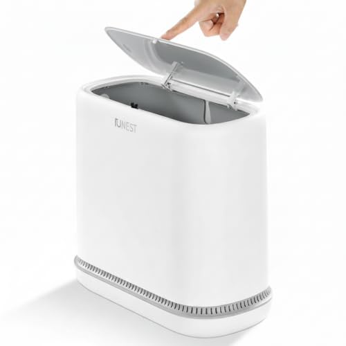 Image of funest 3.3 Gallon Bathroom Trash Can with Push Lid, Dog Proof, White | Double-Layer Design, Air-Suction Bag System, Narrow Plastic Garbage Can with Extra Buckle Replacement
