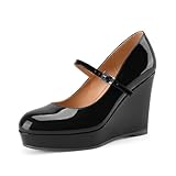 Perisis Mary Jane Shoes for Women Round Toe Platform Wedge Pumps Ankle Strap Buckle Black Wedges Heels Casual Uniform Work Shoes 4 Inch(Black Patent,11)