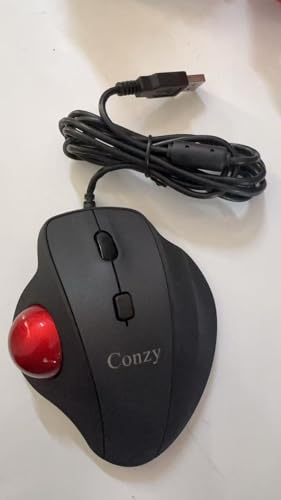 Conzy Wired Ergonomic Trackball Mouse, 4-Button USB Corded Track Ball Mouse with Red Trackball,...