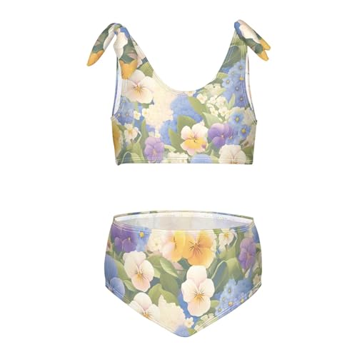 The Garden Tricolor Pansy Flower Girl Two Piece Kids Bikini Set Quick-Dry Swimsuits Swimwear Adjustable Strap