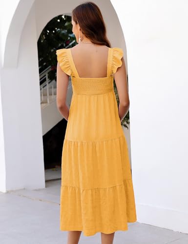Image of KOJOOIN Womens Maternity Dress Summer Sleeveless Smocked Square Neck Ruffle Casual Boho Midi Dress Baby Shower Photoshoot