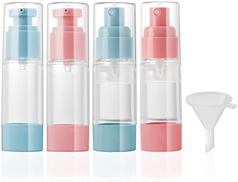 Pwsap 4 Pack 1 oz (30ml) Vacuum Cosmetic Travel Container, Spray and Pump Travel Bottle Kits with Funnel for Toiletries, Tsa Approved Travel Size Refillable Bottle, Leak Proof Airless Container Kit