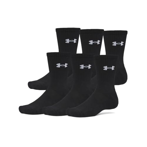 Under Armour Unisex Performance Cotton Crew Socks 6 Pack, (008) Ultimate Black/Ultimate Black/White, Medium