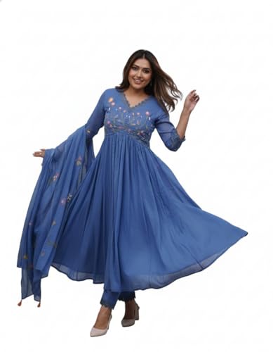 Image of Traditional Floral Embroidered Cotton Kurta Set with Dupatta