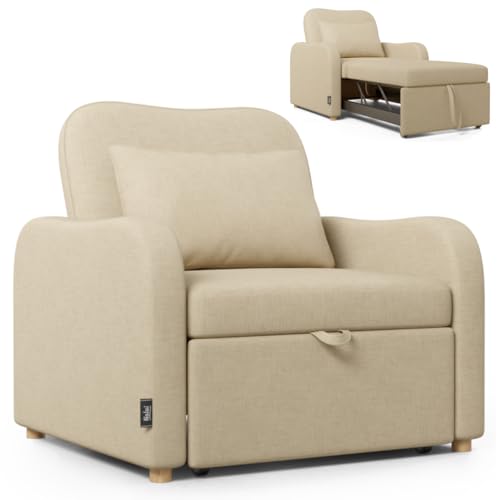 Nalui- Sillon Cama Buddy 92x97x90cm con Respaldo Ajustable 2 Posiciones y Almohada. Sofá Cama 1 Plaza 3 en 1 de Lino, Soporta hasta 200Kg. Sofá Cama Individual con Reposabrazos, Beige