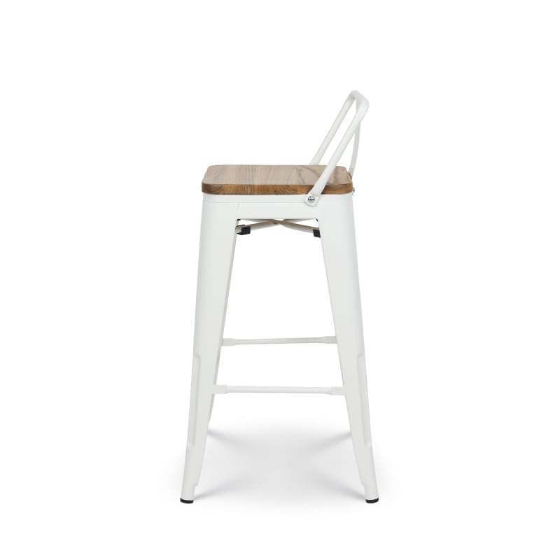 Kosmi - Juego de 4 sillas de bar, taburete alto de estilo industrial con pequeño respaldo de metal blanco mate y asiento de madera natural clara