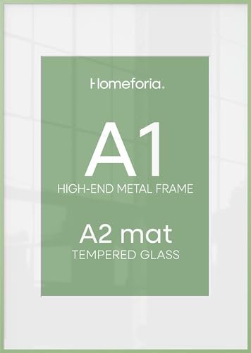 Image of Homeforia A1 Green Poster Frame, High-End Metal, A2 Mat, Glass | High End Aluminum, Tempered Glass, Acid-Free A2 Removable Mat, A1 Edge-to-Edge Display, Wall Kit, Set Of 2
