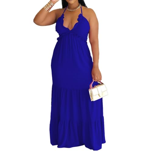 Image of TOPSRANI Womens Sleeveless Maxi Dress Halter Casual Backless Smocked Tiered Ruffle Flowy Sexy Slip Sling Strap Dresses