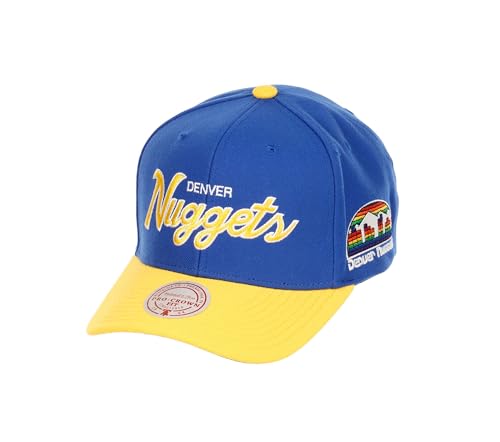 Mitchell & Ness Denver Nuggets NBA Team Script 2.0 Blau Gelb Verstellbare Gebogene Snapback Cap - One-Size