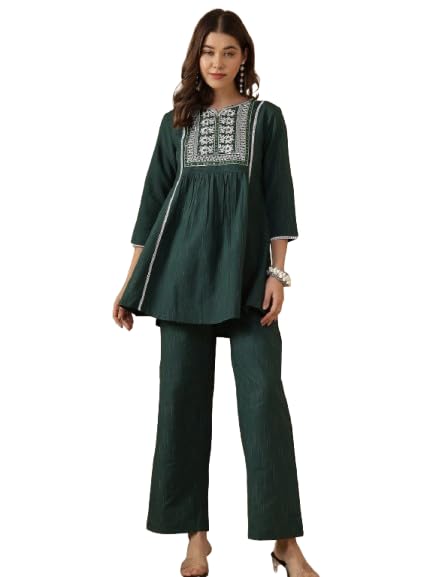 Bottle Green Embroidered A-Line Co-Ord Set – Cotton Blend Handloom Elegant Ethnic Wear for Women