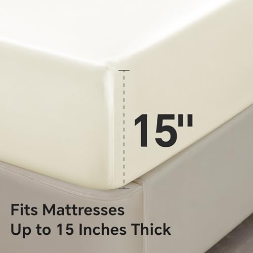 BEDELITE Satin Fitted Sheet and Pillowcases Set, Luxury Soft Similar to Silk Bottom Bedsheet with Elastic Corner Straps, Deep Pocket up to 15 Inch, 1 Fitted Sheet and 2 Pillowcases(Queen, Beige)
