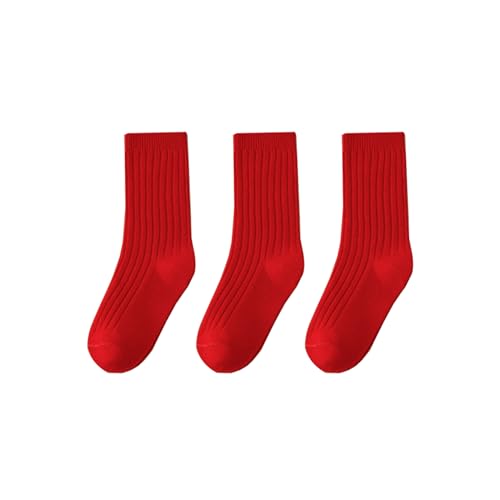 Socks for Kids Mid-Calf Red Solid Ribbed Cuffs Crew Socks Christmas or China New Year Festive Kids Socks 3 Pairs