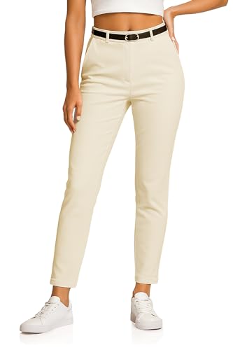 Pantalón chino elástico para mujer de la colección Kendindza con cinturón, elegante, de tela, largo, con material suave, beige, XL