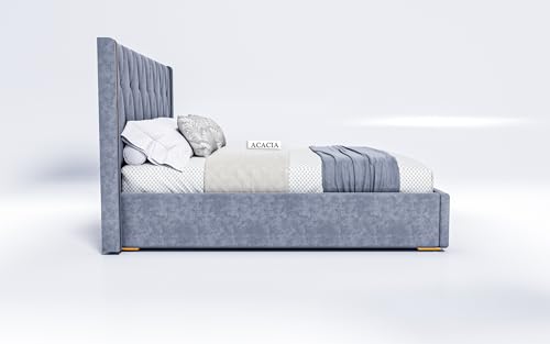 Image of Acacia Modern Upholstered King Size Bed with Hydraulic Storage for Bedroom | Wooden Furniture Double Beds for Home & Hotels | Platform Cot Bed with Upholstery Fabric, 6.5 x 6 Ft, Sheesham Wood, Grey