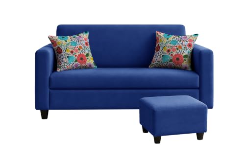 Image of Rosebell 2 Seater Sofa with Ottoman | Living Room Couch | with Printed Cushions | Sofa for Home, Apartment & Office-Blue Color