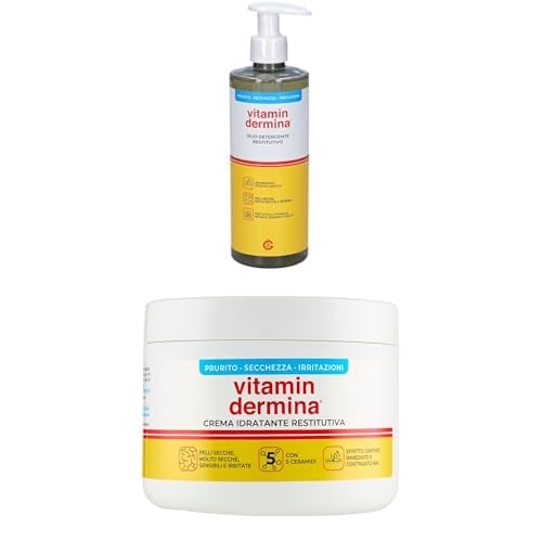 Bundle VITAMINDERMINA Olio Detergente Restitutivo 500 ml + Crema Idratante Restitutiva 400 ml – Per Pelli Secche, Molto Secche, Sensibili e a Tendenza Atopica – Lenitivo, Idratante e Antiprurito