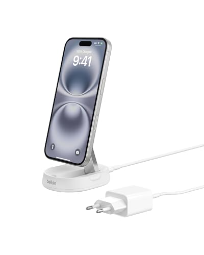 Belkin BoostCharge Pro chargeur sans fil magnétique et pliable, chargeur magnétique Qi2 15W, chargeur induction compatible MagSafe pour iPhone 16/15/14, AirPods, adaptateur secteur 20W inclus - Blanc