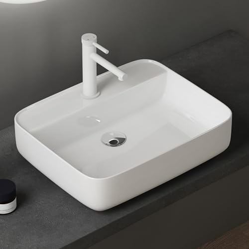 doporro Lavabo sobre Encimera de Cerámica 500x400x135 mm Lavabo de Mano Blanco Brillante para Baño y Aseo de Invitados Brüssel107