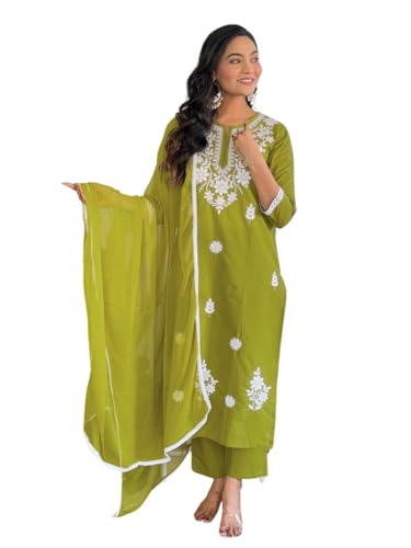 Image of Naixa Women's Cotton Embroidered Straight Kurta with Pant and Dupatta Sets (Available in Plus Size) (NX-574)