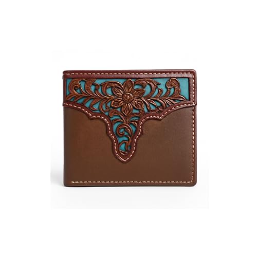 Men’s Western Leather Wallet – Laser Cut Floral Design with Teal Accent, Bi-Fold Cowboy Rodeo Style (Coffee)