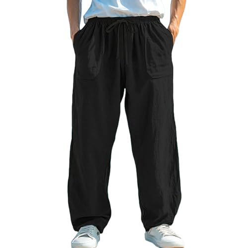 Cambkatl Men’s Linen Casual Beach Pants Loose Elastic Waist Drawstring Lightweight Straight Vacation Trousers with Pockets