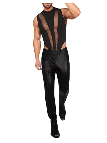 Floerns Men's Contrast Mesh Sleeveless Jumpsuit Mock Neck Club Bodysuit Leotard4